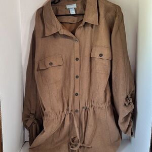 Liz &me brown button up jacket top long sleeve safari lightweight pockets